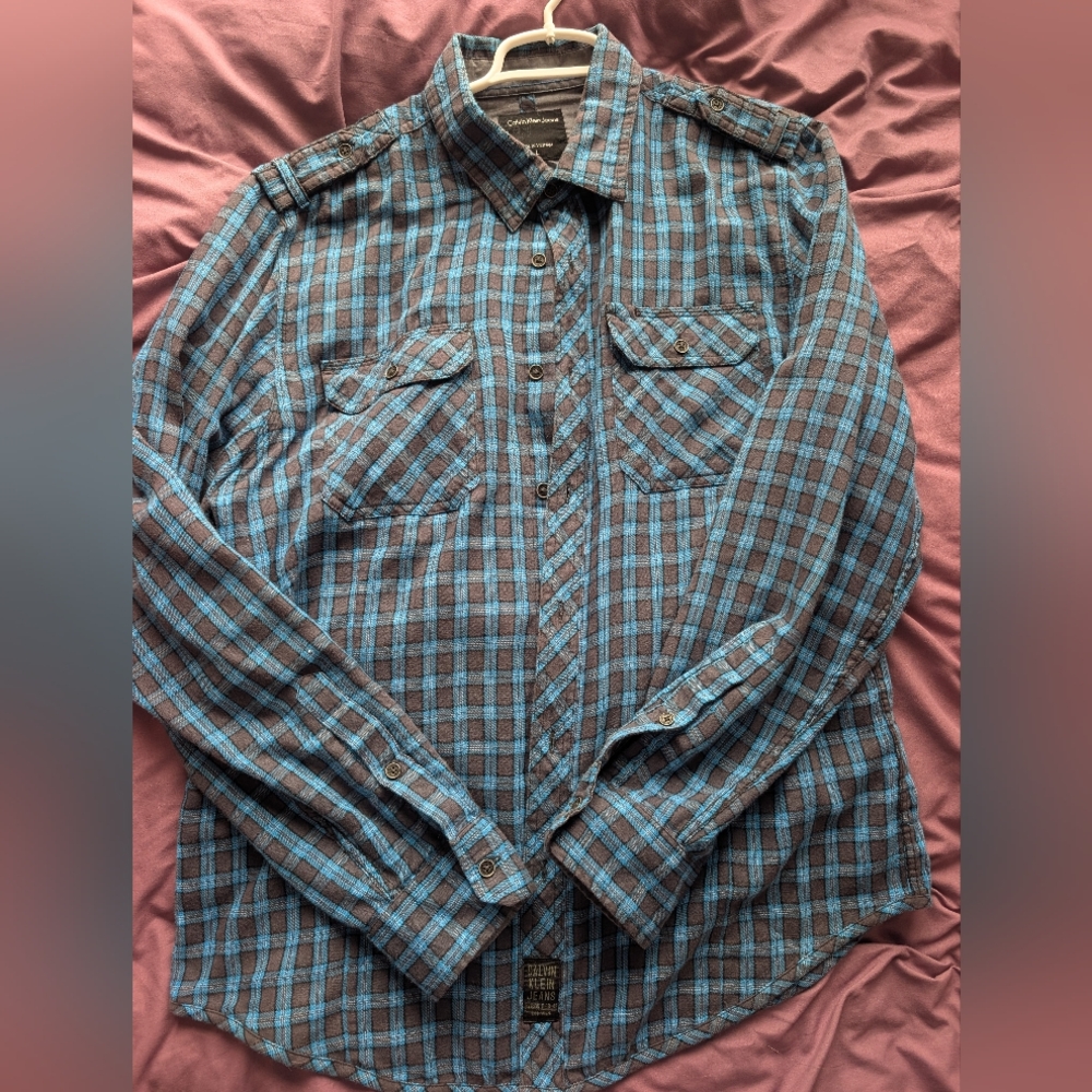 Calvin Klein Blue and Gray Checkered Shirt